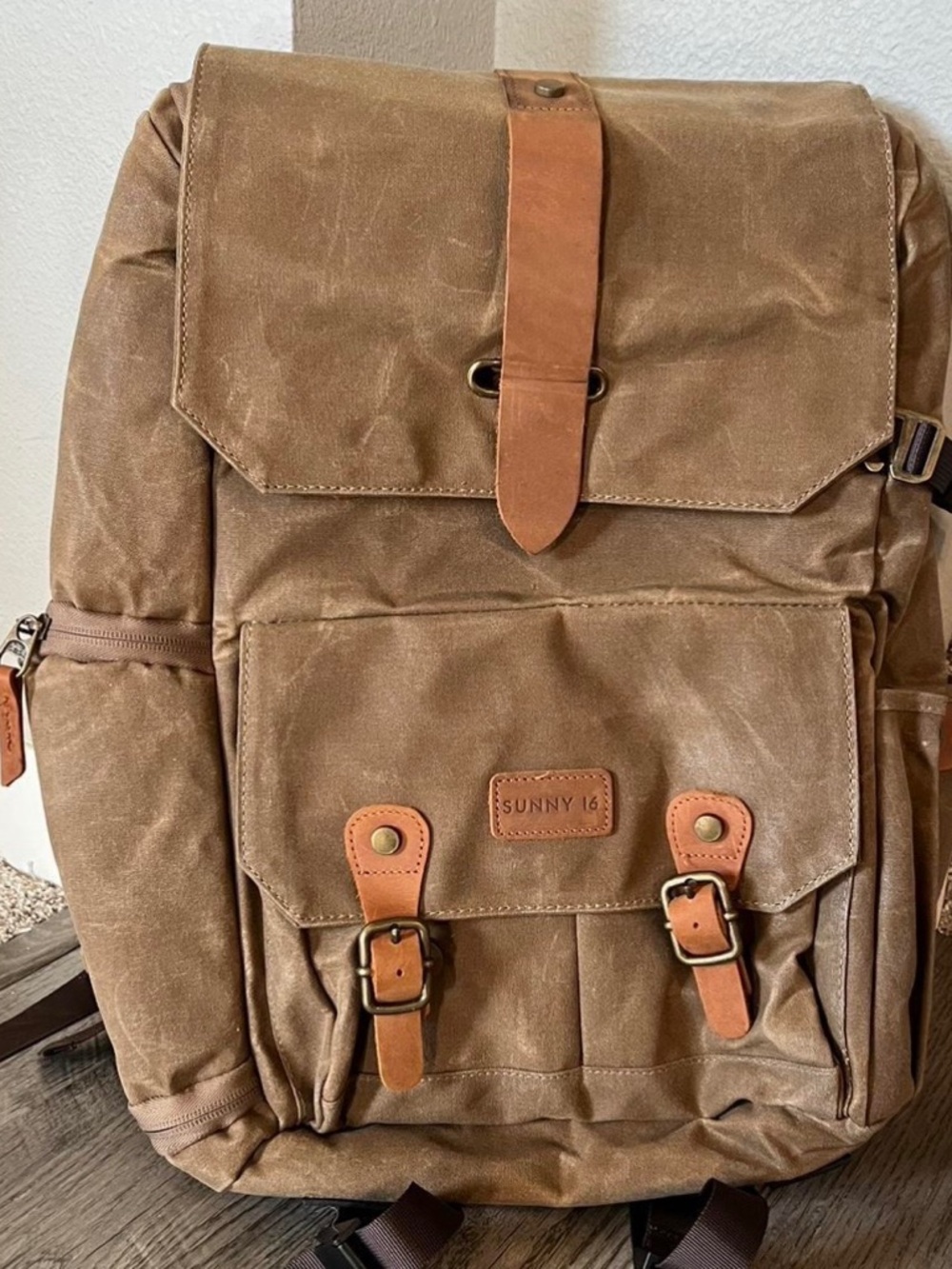 Brown Canvas Backpack with Leather Trim